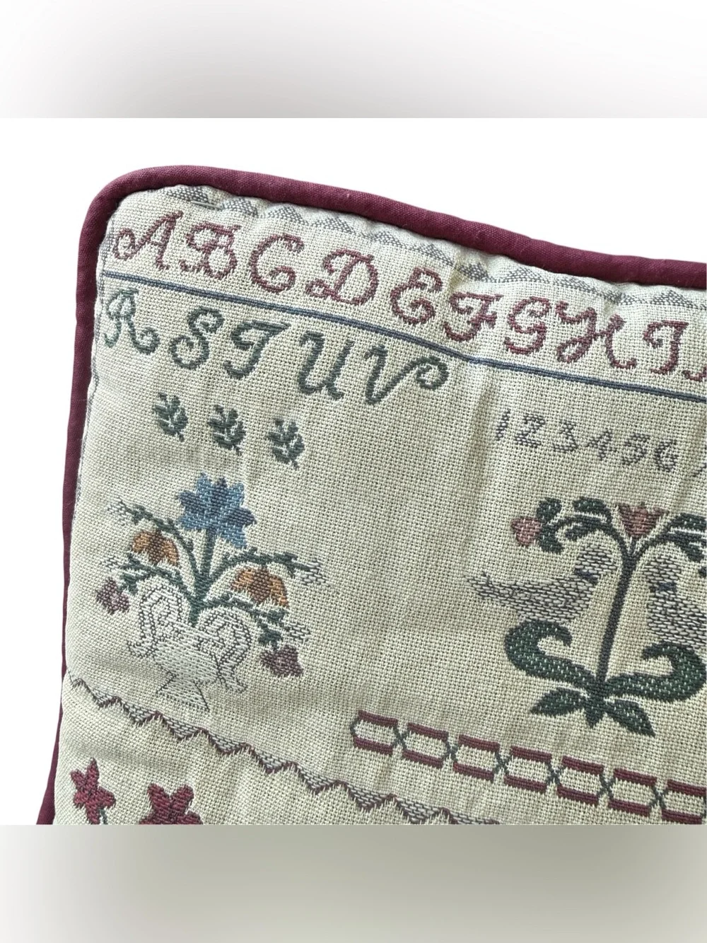 Vintage Folk Art Sampler Tapestry Pillow Cottagecore Grandmillennial Bunny Decor